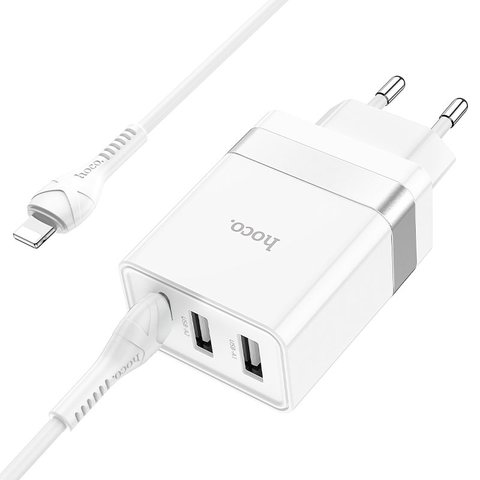 Мережевий зарядний пристрій Hoco N21 Pro, 30 Вт, Power Delivery (PD), білий, з кабелем USB тип-C до Lightning для Apple, 3 порта, #6931474778796 Прев'ю 1
