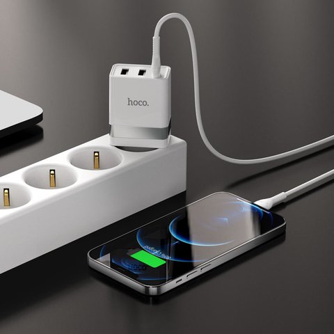 Мережевий зарядний пристрій Hoco N21 Pro, 30 Вт, Power Delivery (PD), білий, з кабелем USB тип-C до Lightning для Apple, 3 порта, #6931474778796 Прев'ю 6