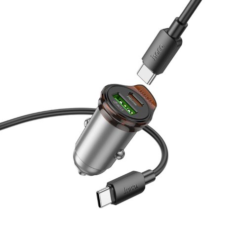 Автомобильное зарядное устройство Hoco NZ16A, черное, Power Delivery (PD), c кабелем USB тип-C к USB тип-C, 43 Вт, 2 порта, 12-24 B, #6942007644761 Превью 1