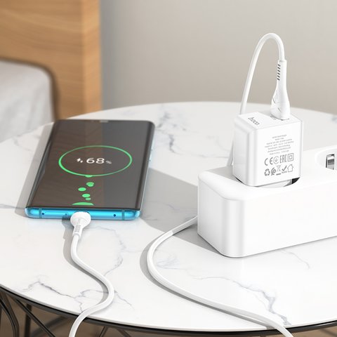 Adaptador de red Hoco C98A, 18 W, Quick Charge, blanco, con cable USB Tipo-C, 1 puerto, #6931474766878 Vista previa  2